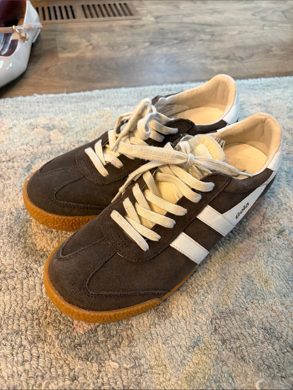 Gola Brown Suede Sneakers with White Stripes and Gum Sole